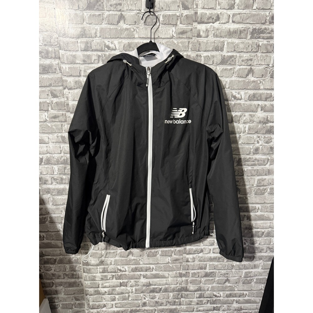 New Balance Womens Hooded Windbreaker Jacket Black White Full Zip Large